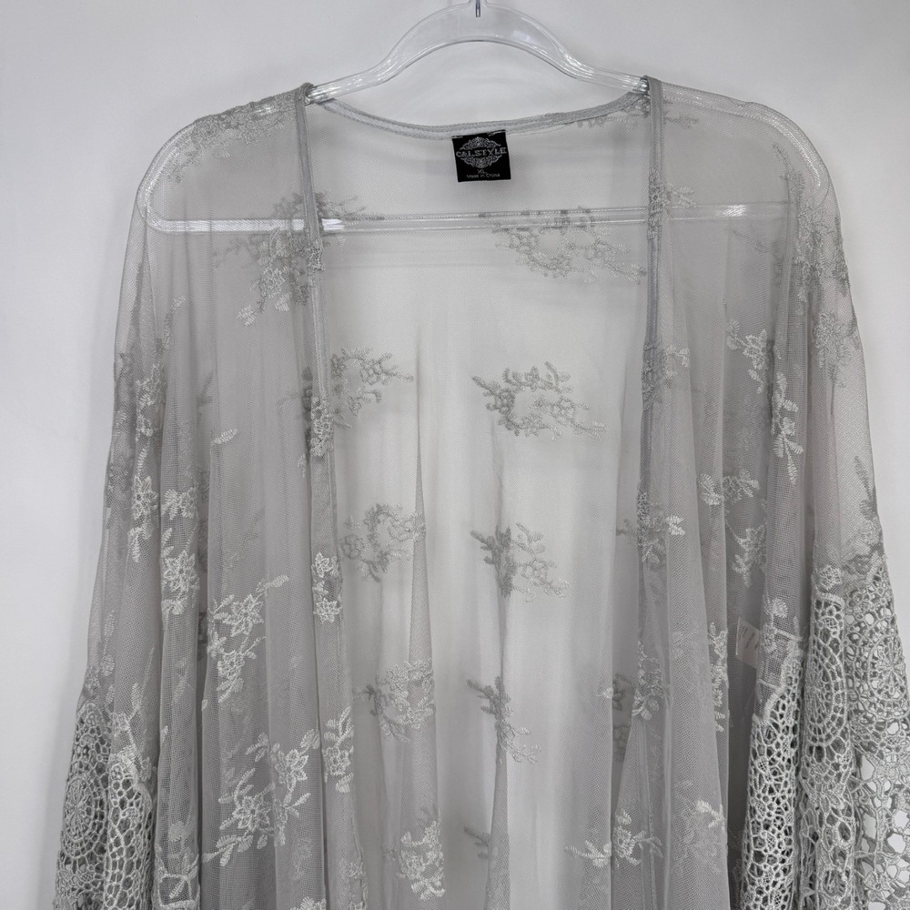 Cal Style Kimono Top Womens XL Silver Lace Crochet Witchy Romantic Fairy - Picture 3 of 15